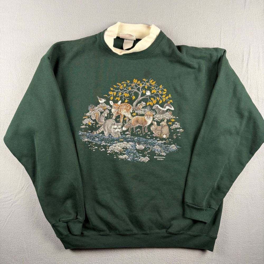 Vintage 90's Morning Sun Forest Green Woodland Animal Sweatshirt M Whitton USA